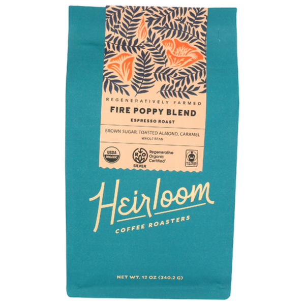 Heirloom Coffee Roasters Organic Fire Poppy Blend Espresso Roast Whole Bean Coffee